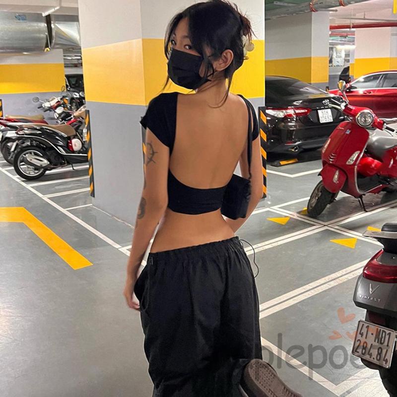 Áo Thun Croptop Tay Ngắn Hở Lưng Dáng Ôm Phong Cách Retro Mỹ Thời Trang Mùa Hè Quyến Rũ Cho Nữ