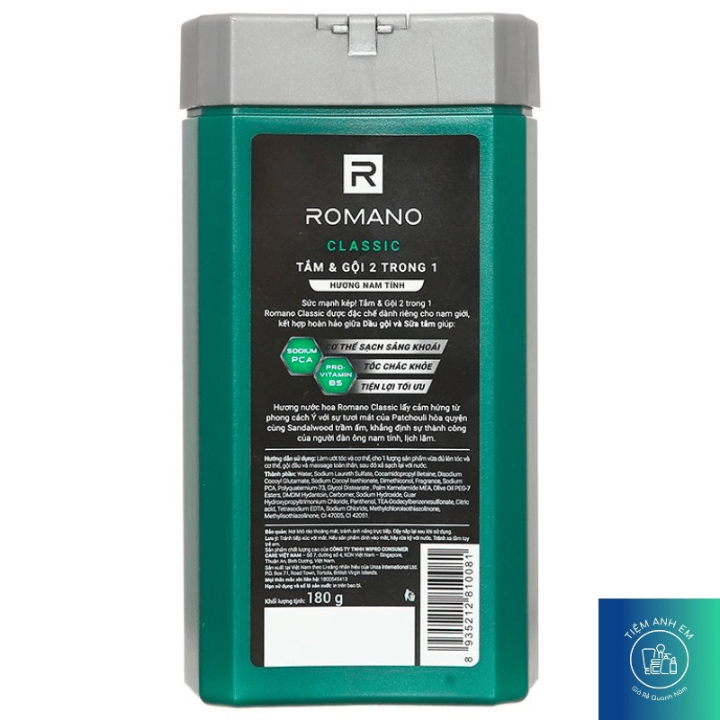 Tắm gội 2 trong 1 hương nước hoa Romano 2in1 Classic/ Force/ Gentleman/ Attitude chai 180g