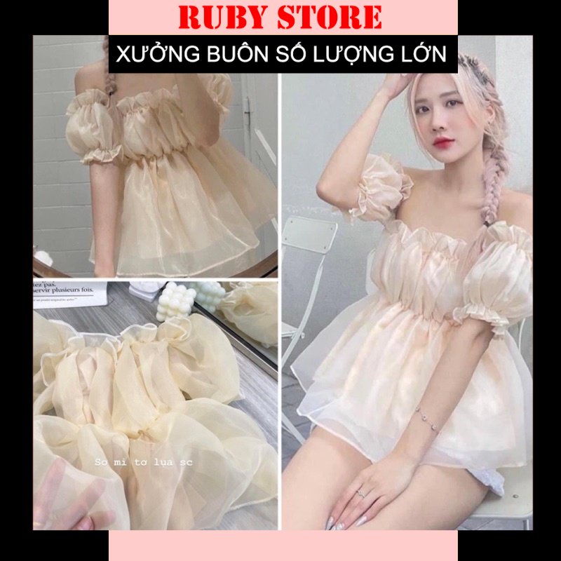 [Hàng Sẵn, Ảnh Thật] Áo Tơ Trễ Vai Ngực Bèo Nhún Sang chảnh Áo Cổ Vuông Tay Bồng Tiểu Thư Ulzzang Hot Hit