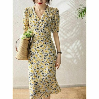 Mùa Hè Phong Cách Mới Người Nổi Tiếng Thời Trang Thanh Lịch Hoa Tay Phồng Giữa Chiều Dài Đầm Hẹp Nữ Đuôi Cá Cổ Chữ V Thanh Lịch Pháp Y