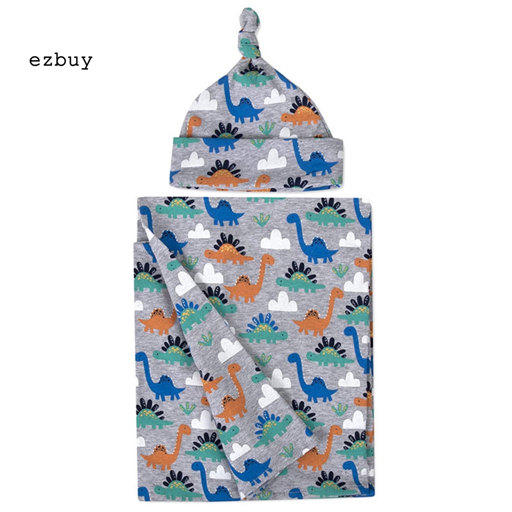 Bộ 2 Chăn Quấn Thoáng Khí In Họa Tiết Hoạt Hình Kèm Mũ Beanie Cho Bé Sơ Sinh