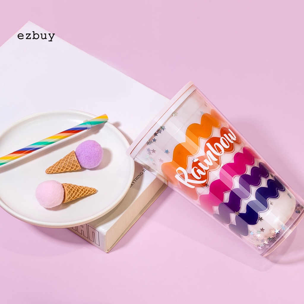 Bình Uống Nước 600ML Bằng Nhựa Hai Lớp In Họa Tiết Lượn Sóng Màu Cầu Vồng Cho Bé