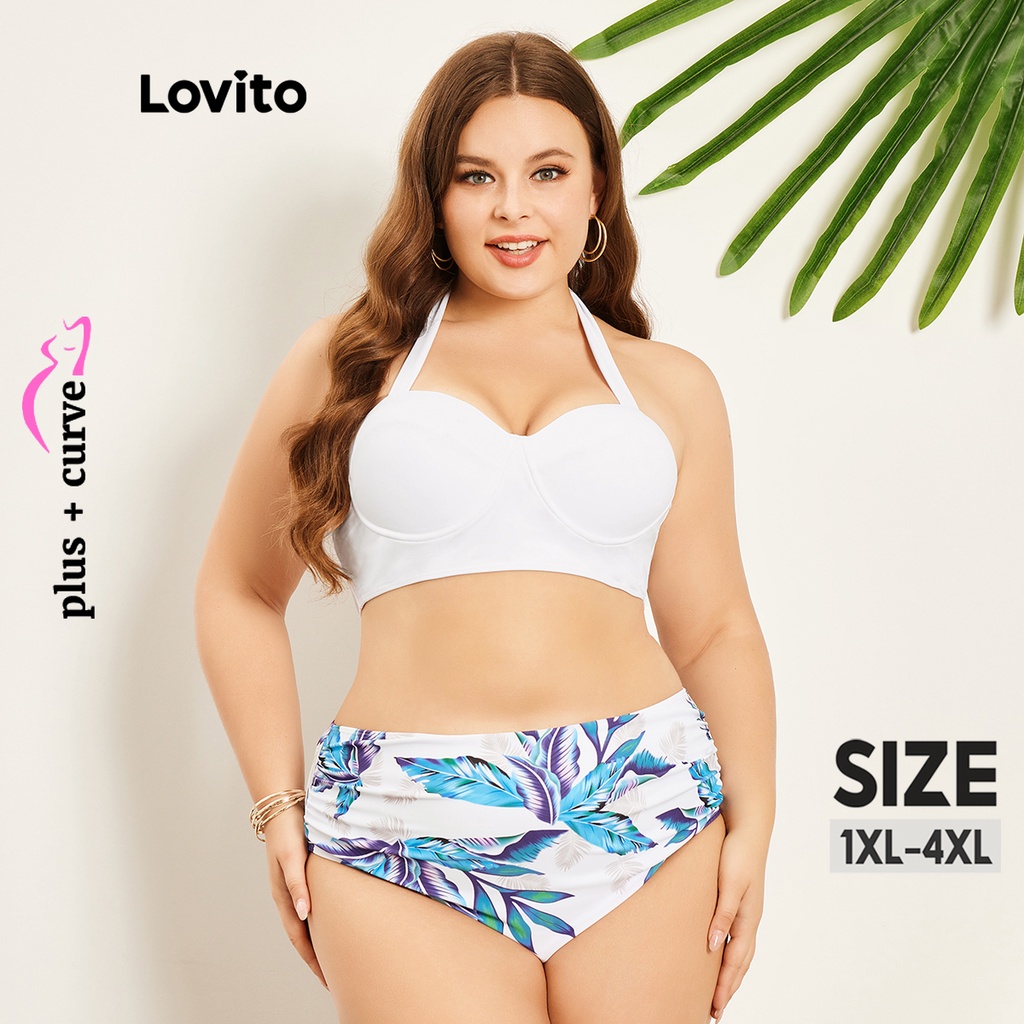Bộ đồ bơi bikini Lovito có đệm ngực cổ yếm xếp nếp boho tôn đường cong size lớn cho nữ LPS07068 (Màu trắng)