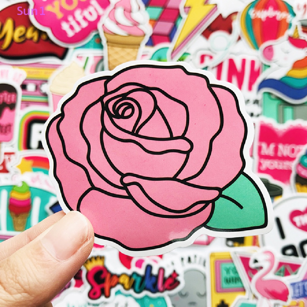 Set 60 Miếng Dán PVC Chống Nước Màu Hồng Vui Nhộn Cho Bé Gái Sun1 >