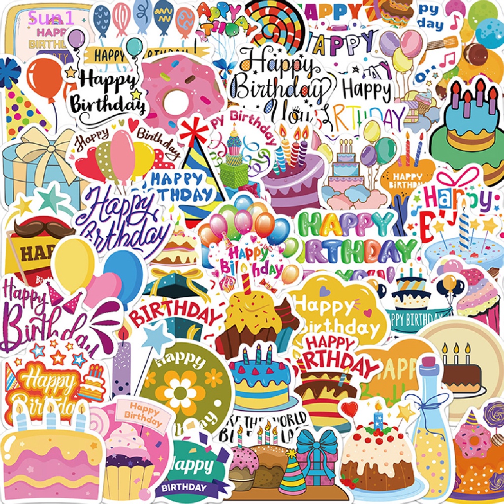 Sun1 &gt; 50 Nhãn Dán Happy Birthday Graffiti Bằng PVC Trang Trí Nhật Ký / Điện Thoại / Tủ Lạnh / Xe Hơi / Ghi Ta / Quà Tặ