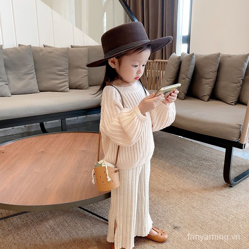 Set Áo Len Tay Phồng + Quần Dài Phong Cách Phương Tây Thời Trang Cho Bé Gái 5BV0