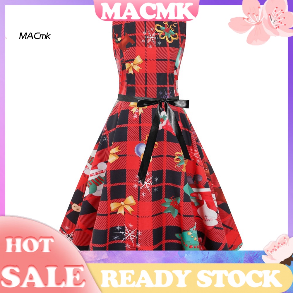 Đầm Midi Chữ A Không Tay Cổ Tròn In Họa Tiết Caro Giáng Sinh Phối Thắt Lưng Phong Cách Retro Cho Nữ