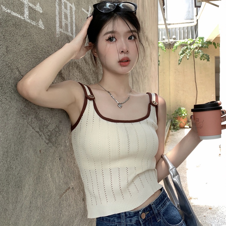Áo Dây Sát Nách Vải Lụa Lạnh Màu Sắc Tương Phản Phong Cách Hong Kong