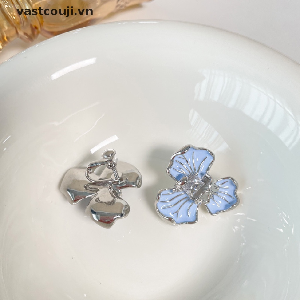 Bông Tai Hình Hoa Đính Pha Lê Màu Xanh Dương Phong Cách Hàn Quốc Cổ Điển Thời Trang Cho Nữ