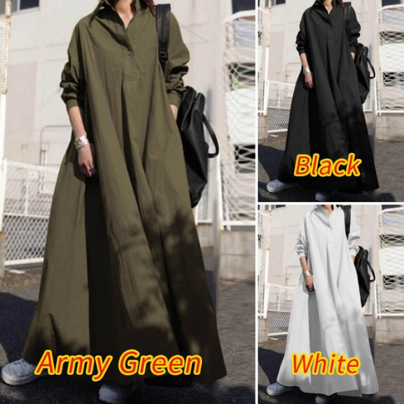 Đầm Cotton Lanh Dáng Rộng Tay Dài Màu Sắc Retro Dành Cho Nữ