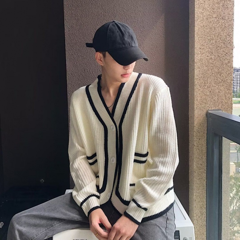 Áo Khoác Cardigan Dệt Kim Cổ Chữ V Dáng Rộng Họa Tiết Kẻ Sọc Trắng Đen Phong Cách Hàn Quốc Thời Trang Xuân Thu Cho Nam Và Nữ