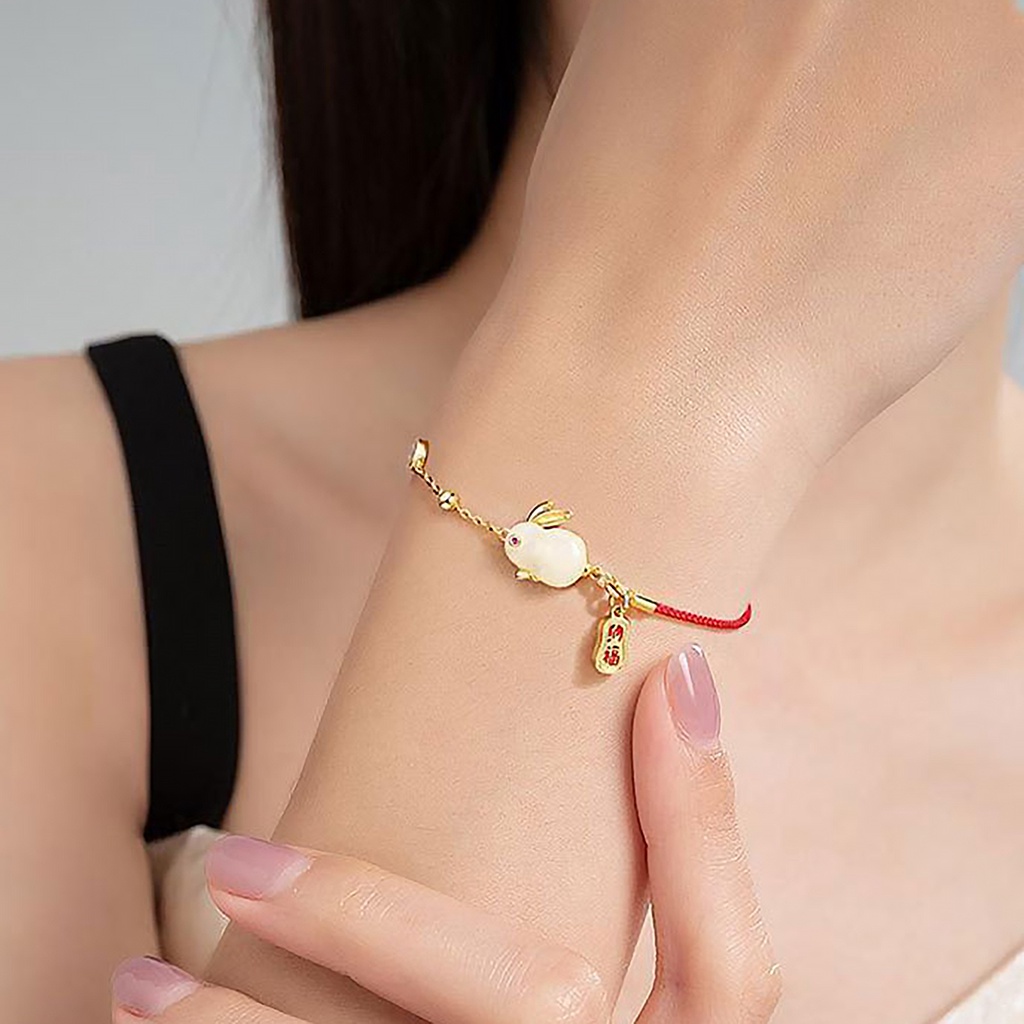 Vòng Đeo Tay Nửa Dây Mặt Hình Thỏ Ngọc Bích Giả Phong Cách Trung Hoa Cho Nữ