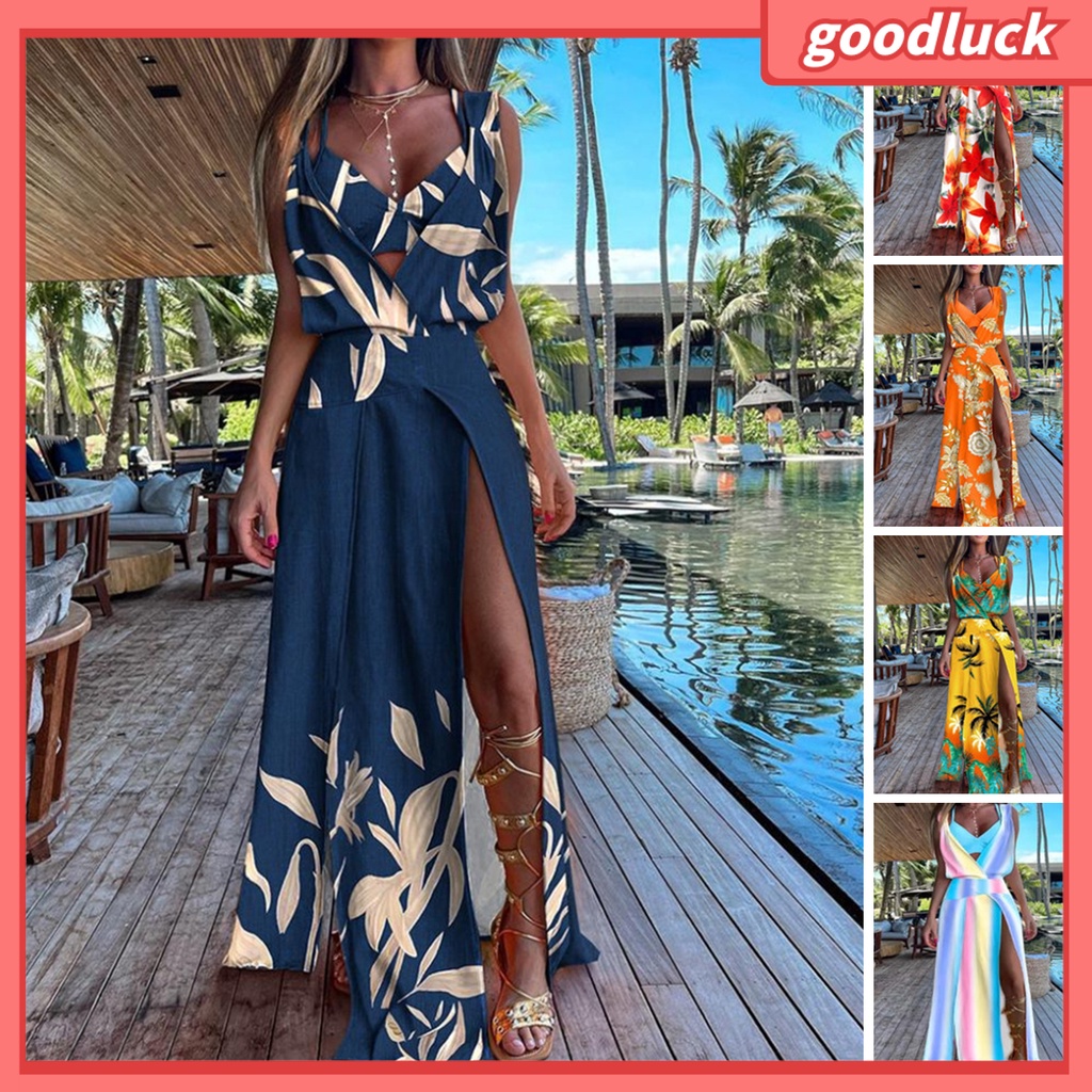 [ULK] Đầm Maxi Không Tay Cổ Chữ V Xẻ Sâu Eo Cao In Họa Tiết Cây Dừa Phong Cách Boho Đường Phố Đi Biển Mùa