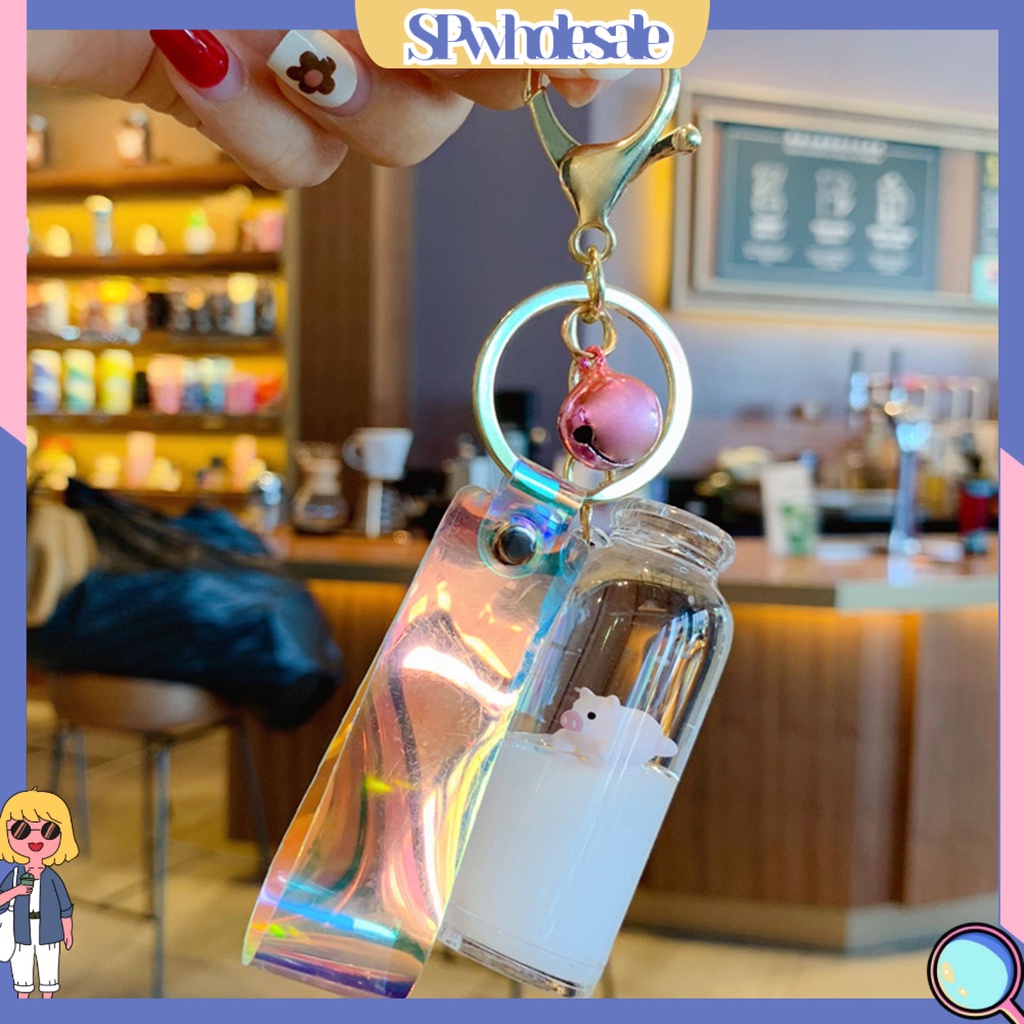 <SPwholesale> Móc Khóa Hình Bình Sữa Thủy Tinh Ba Chiều Có Chuông Và Dây Treo < SPwholesale >