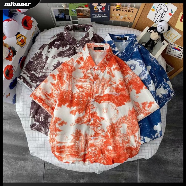 Áo Thun Lụa Lạnh Tay Ngắn Cổ Bẻ In Hình Phong Cảnh Phong Cách Retro Cho Nam Giới