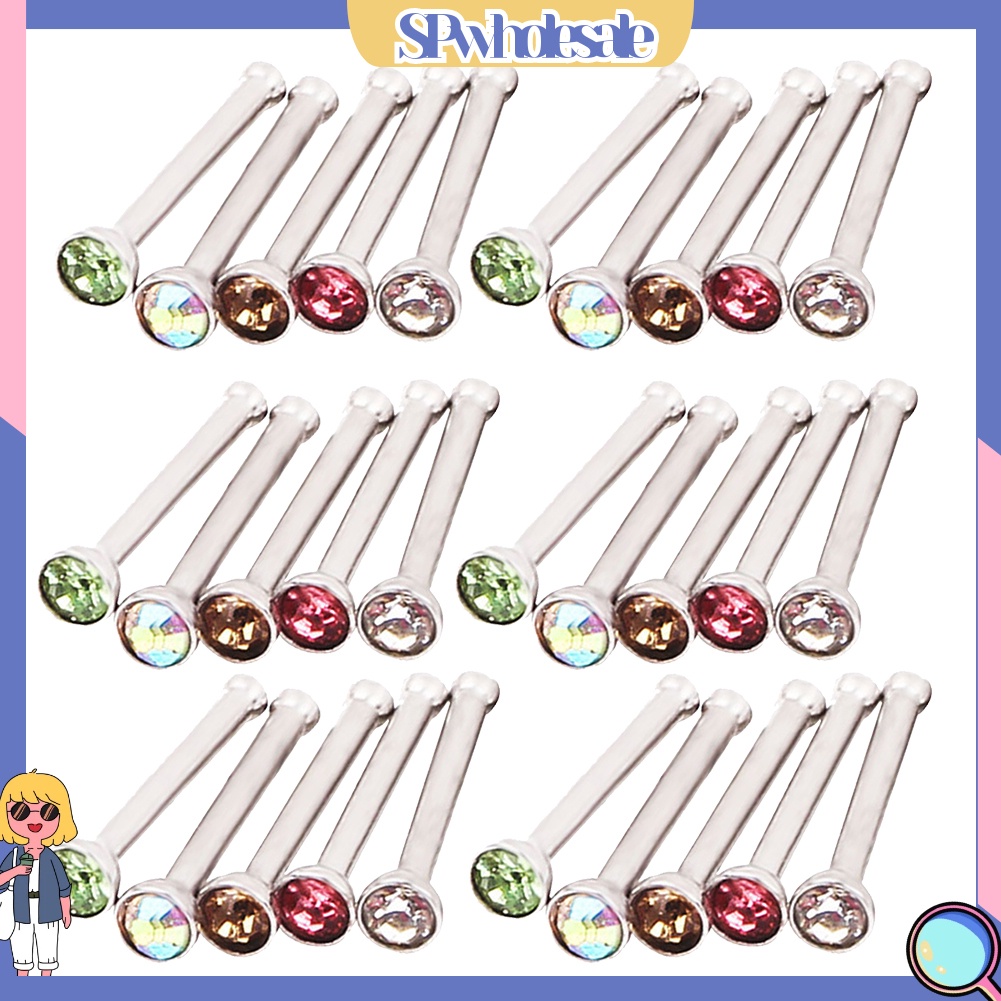 <SPwholesale> Set 60 Khuyên Mũi Thép Không Gỉ Đính Đá Nhiều Màu Sắc