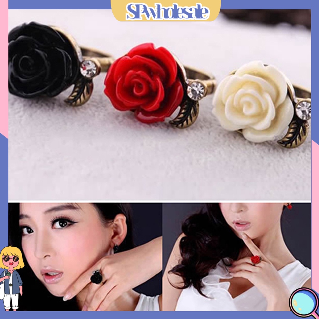 <SPwholesale> Nhẫn Hình Hoa Hồng Đính Đá Phong Cách Vintage Thanh Lịch Cho Nữ