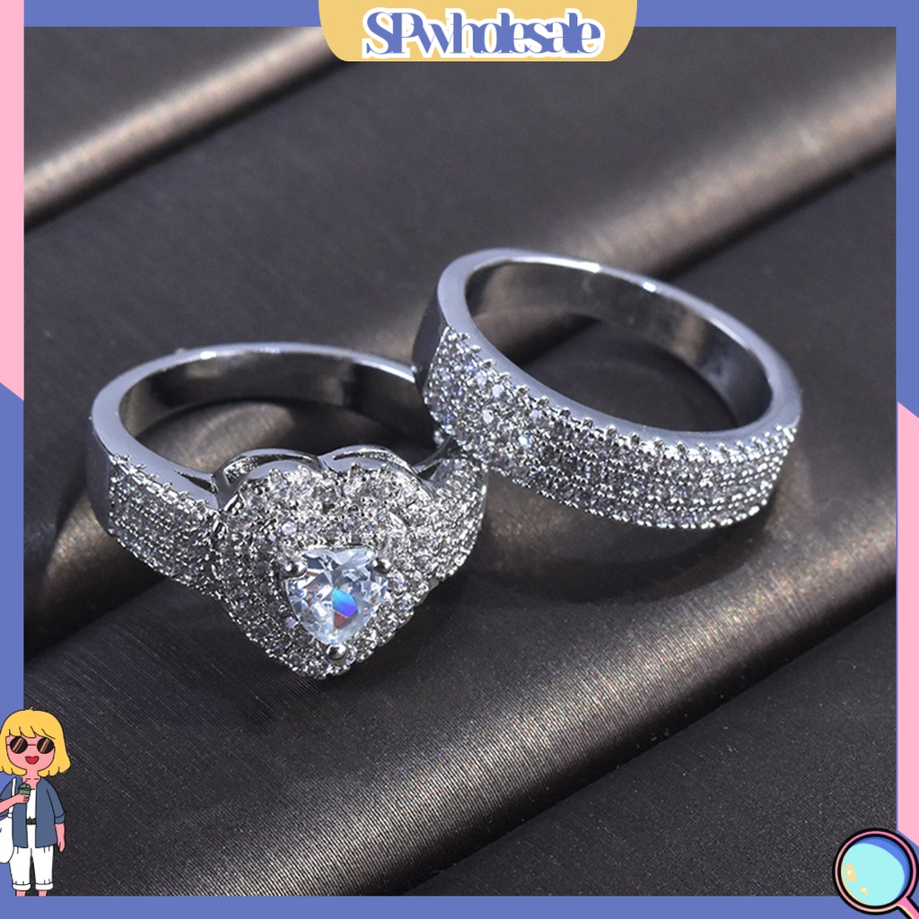 <SPwholesale> Bộ 2 Nhẫn Đính Đá Hình Trái Tim Sang Trọng Cho Cô Dâu