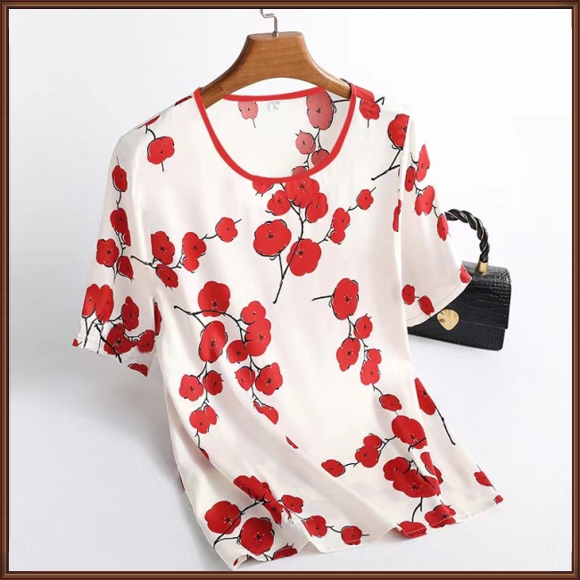 Áo Thun Tay Ngắn Cổ Tròn Dáng Rộng Vải Lụa Mát In Họa Tiết Kỹ Thuật Số Thời Trang Mùa Hè Cho Nữ