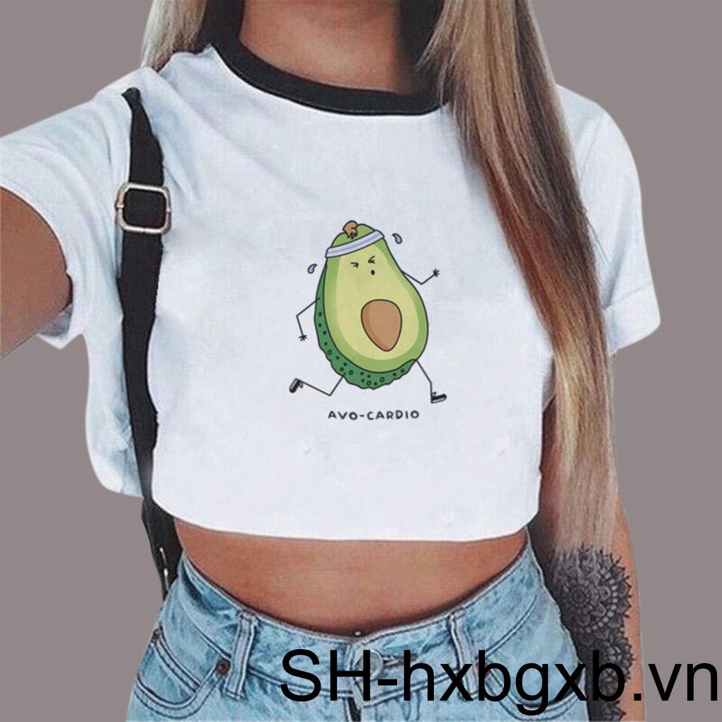 Áo Thun Croptop Ngắn Tay Họa Tiết Quả Bơ Hoạt Hình Thời Trang Cho Nữ
