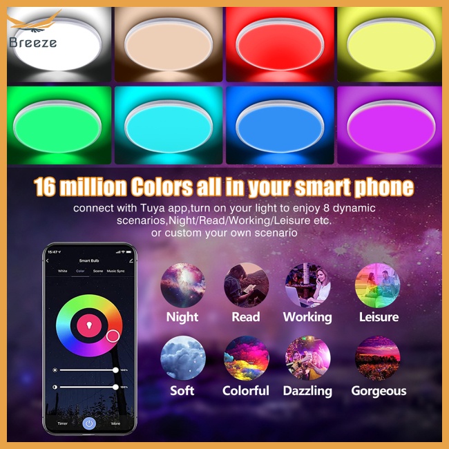 Đèn Led Tròn Thông Minh Điều Chỉnh Được Độ Sáng Kết Nối Wifi Kèm Điều Khiển Từ Xa Trang Trí Trần Nhà