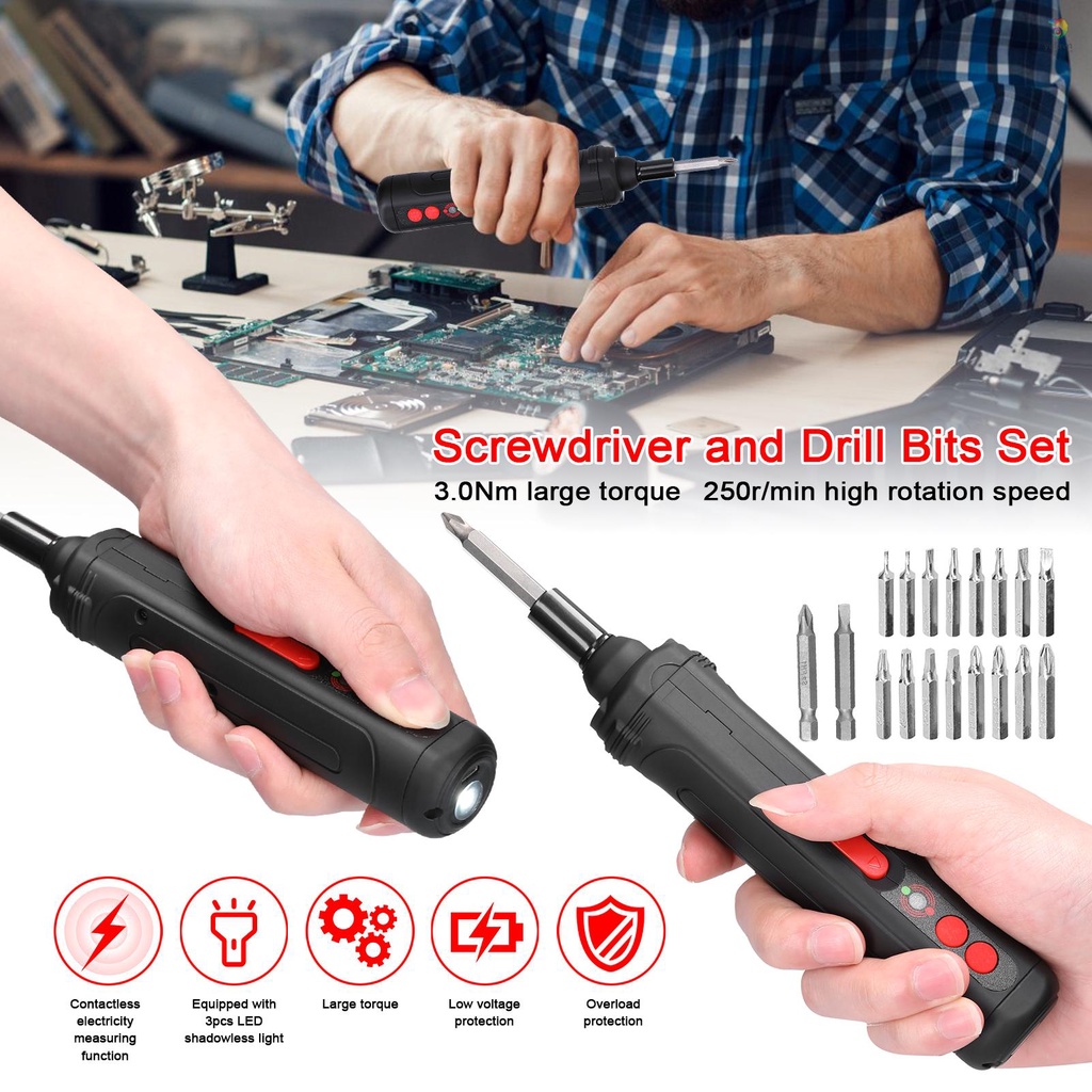 Bộ Tua Vít Điện 250r / min 3.0N.m Đa Năng Có 3 Đèn LED Chuyên Dụng Sửa Chữa Điện Thoại / Máy Tính
