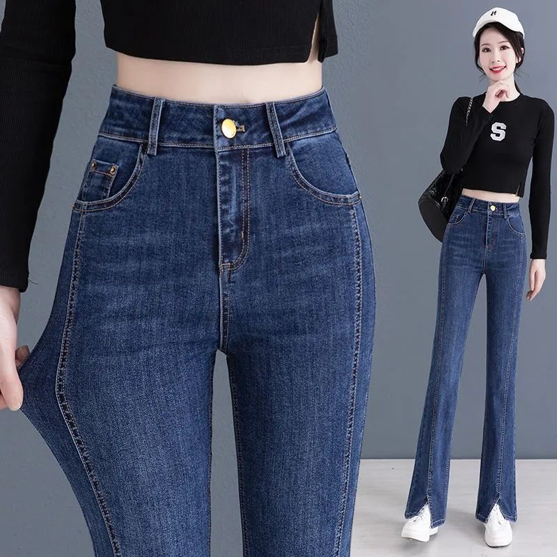 Quần Denim Dài Lưng Cao Ống Loe Xẻ Tà Thời Trang Mùa Thu 2022 Cho Nữ