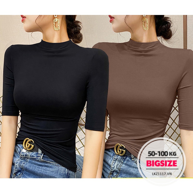 Áo thun Bigsize Áo kiểu nữ dáng ôm tay lỡ cổ đứng đen mùa thu Phong cách Hàn Quốc Thời Trang đẹp