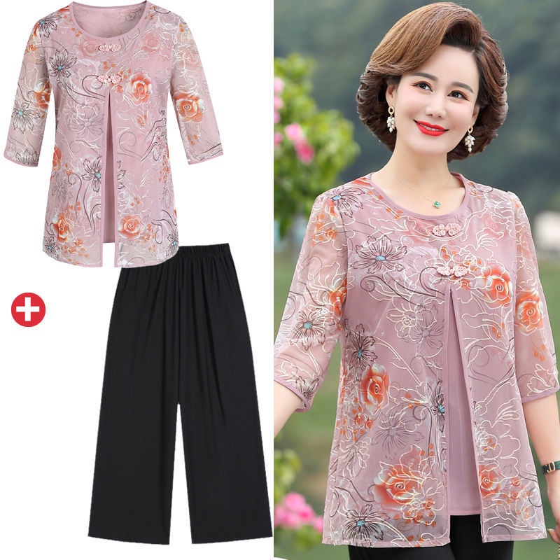 Áo Sơ Mi Voan Giả Hai Lớp Thời Trang Mùa Hè Cho Phụ Nữ Trung Niên