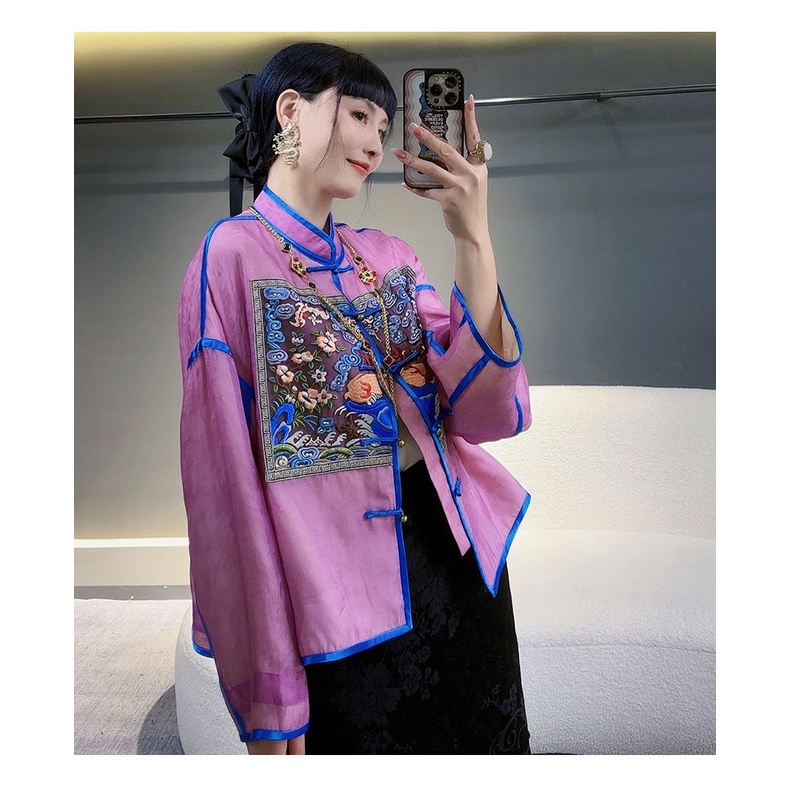 Áo Khoác Lụa organza Giả Thêu Họa Tiết Thổ Cẩm Màu Tím Cài Nút Kiểu vintage Mới Cho Nữ