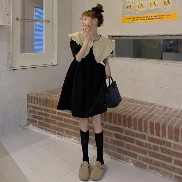 [F &amp; X] Đầm Cổ Búp Bê Ôm Dáng Màu Tương Phản Dễ Phối Đồ Thời Trang Mùa Hè Kiểu Mới Niche