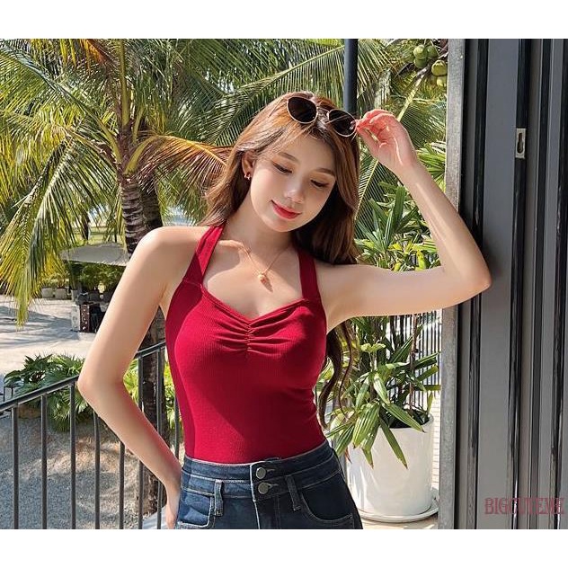 Áo Hai Dây Dệt Kim Hở Lưng Màu Sắc Trơn Thời Trang Mùa Hè Cho Nữ