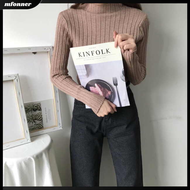 Áo Sweater Dệt Kim Cổ Lọ Màu Sắc Thanh Lịch Cho Nữ