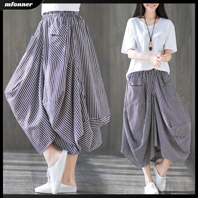 Chân Váy Cotton Lanh Dáng Suông Kẻ Sọc Lưng Thun Có Túi Cho Nữ