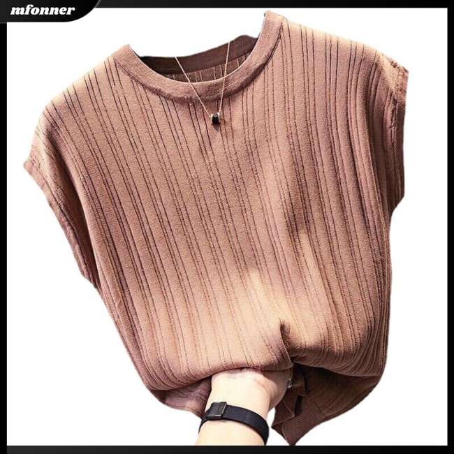 Áo Dệt Kim Tay Ngắn Cổ Tròn Màu Sắc Đơn Giản Cho Nữ Có Size Lớn