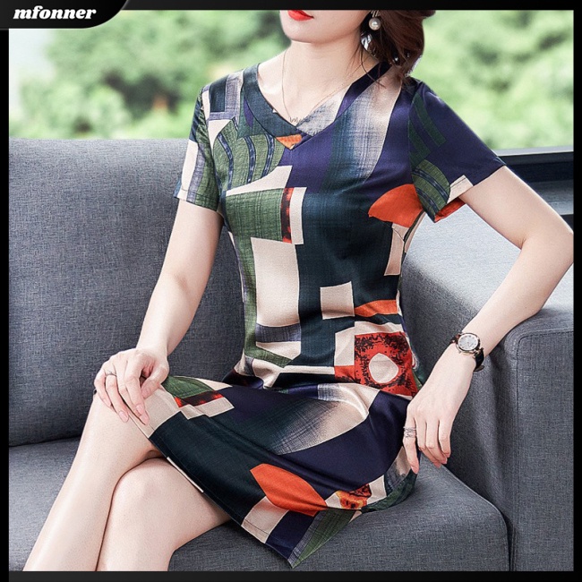 Đầm Midi Ngắn Tay Cổ Chữ V In Họa Tiết Thời Trang Mùa Hè Cho Nữ