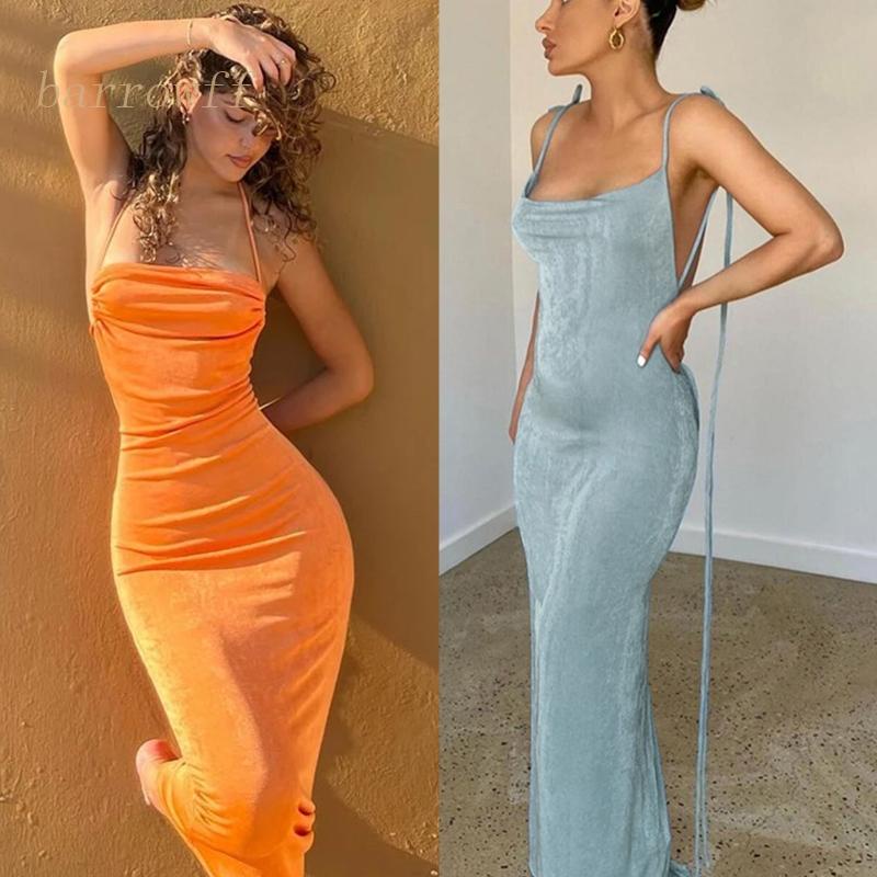 Brroa Đầm Maxi Nhung Hai Dây Buộc Dây Màu Trơn Hở Lưng Gợi Cảm Cho Nữ