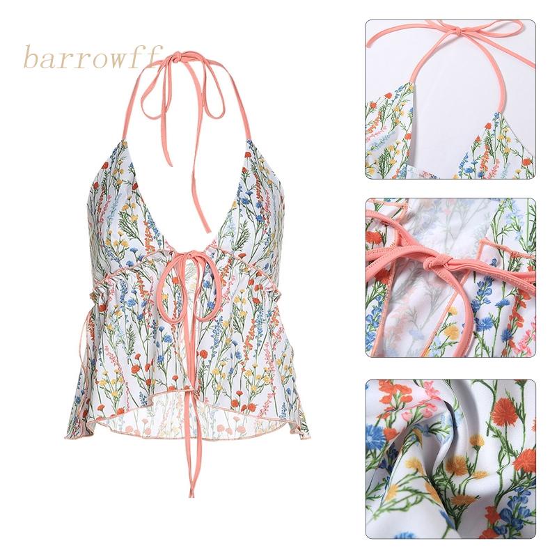 Brroa Áo Crop Top Hai Dây Cổ Chữ V Hở Lưng Họa Tiết Hoa Nhiều Màu Sắc Viền Ren Xẻ Tà Gợi Cảm Đi Biển Cho Nữ