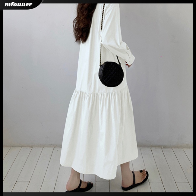 Đầm Tay Dài Dáng Rộng Cổ Đứng Màu Trơn Thời Trang Cho Nữ