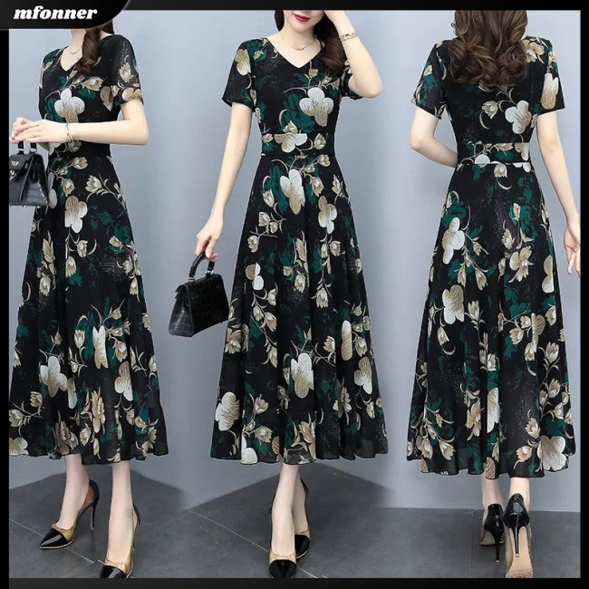 Đầm Cổ Chữ V Eo Cao Tay NgắN in Hoa ThờI Trang Cho Nữ