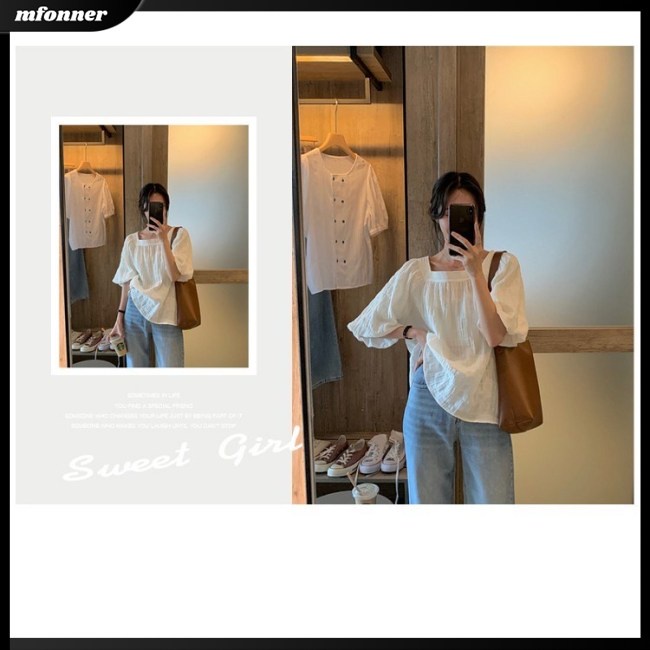 Áo Sơ Mi Tay Ngắn Phồng Cổ Vuông Màu Sắc Trơn Phong Cách Hàn Quốc Dành Cho Nữ