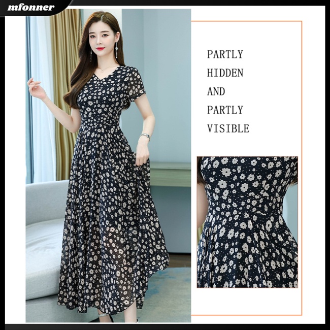 Đầm Dài Tay Ngắn Cổ Chữ V Eo Cao Bằng Lụa Mát in Họa Tiết Hoa Cúc Thanh Lịch Thời Trang Mùa Hè Dành Cho Nữ