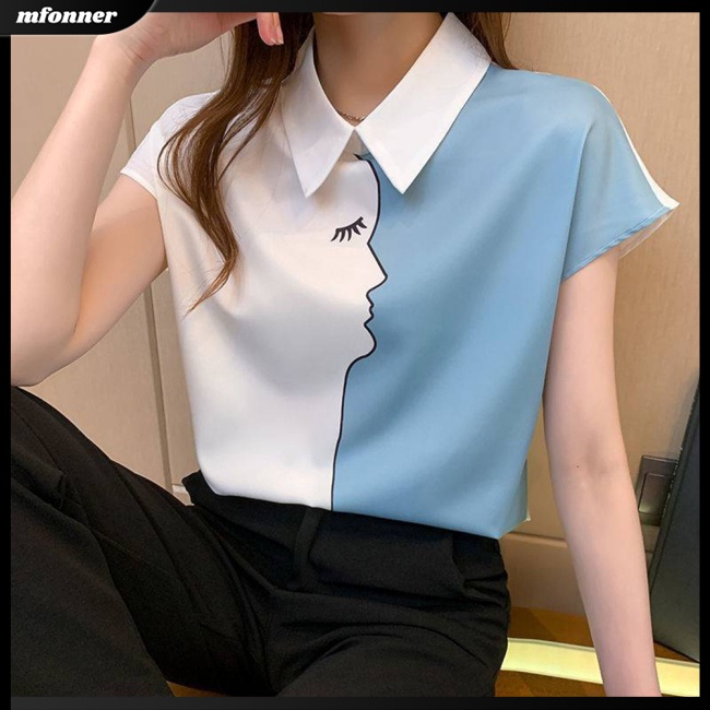 Áo Thun Chiffon Tay Ngắn Màu Sắc Tương Phản Thời Trang Cho Nữ