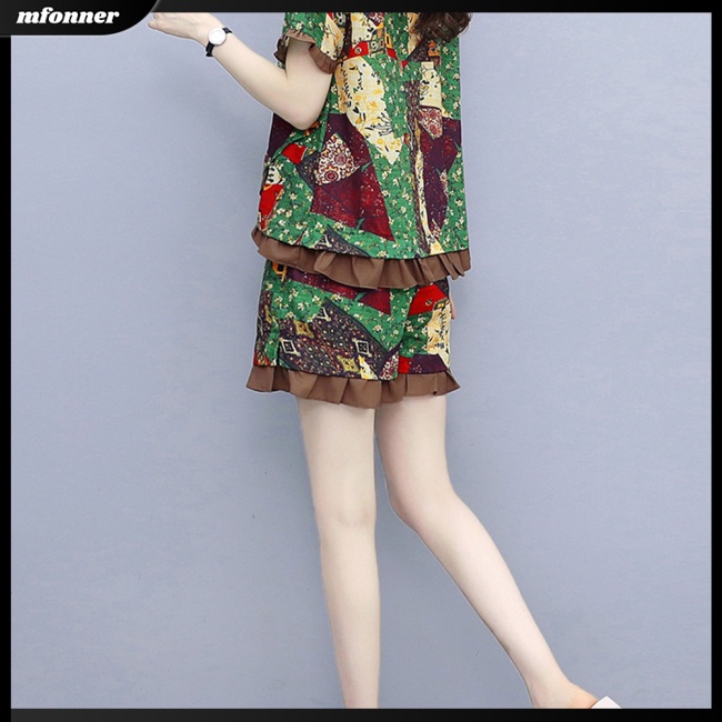 Bộ Trang Phục 2 Mảnh Áo Tay Ngắn Cổ Tròn Phối Bèo Phối Quần Short Ống Rộng Thời Trang Cho Nữ