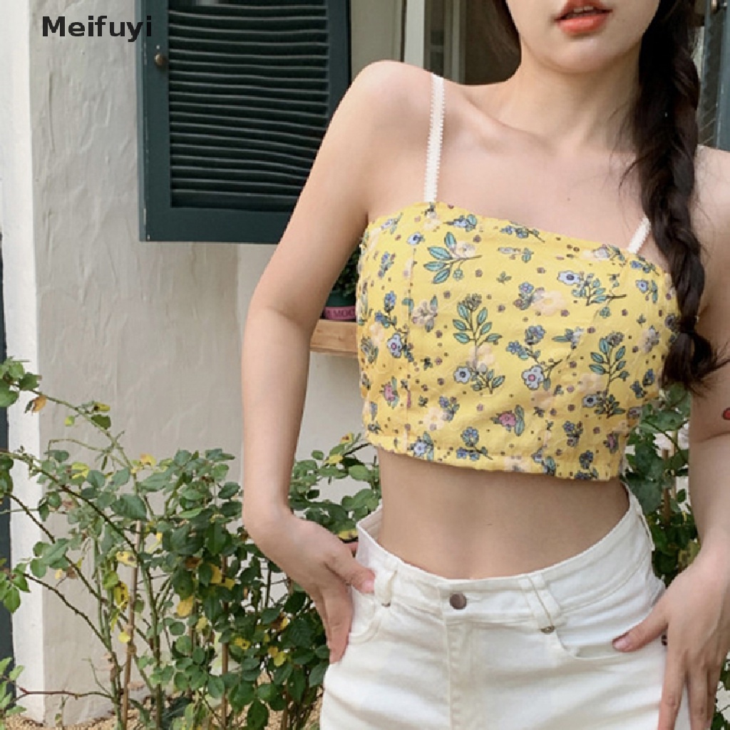 [Meifuyi] Áo Crop Top Hai Dây In Hoa Có Đệm Lót Dáng Ôm Dành Cho Bạn Nữ