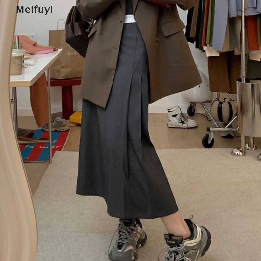 [Meifuyi] Chân Váy Chữ A Dáng Dài Lưng Cao Xếp Ly Màu Trơn Phong Cách Vintage Hàn Quốc Cho Nữ