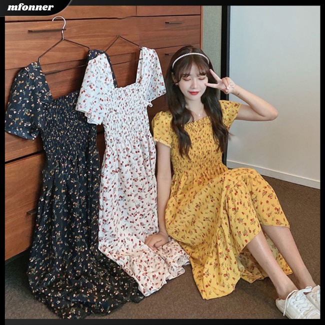 Đầm Chiffon Cổ Vuông Họa Tiết Hoa Phong Cách Pháp Ngọt Ngào Thời Trang Xuân Hè Cho Nữ