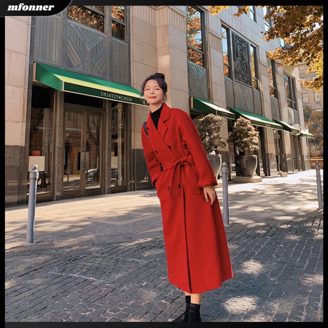 Áo Khoác Tay Dài Cổ Bẻ Dày Dặn Màu Sắc Trơn Kèm Thắt Lưng Dành Cho Nữ