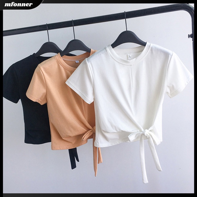Áo Thun Croptop Tay Ngắn Cổ Tròn Màu Sắc Đơn Giản Cho Nữ