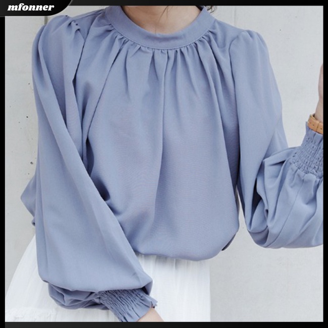 Áo Sơ Mi Voan Cổ Đứng Dài Tay Màu Trơn Phong Cách Retro Thời Trang Dành Cho Nữ